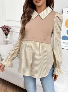 SHEIN 孕妇条纹印花二合一长袖休闲衬衫 - 卡其色 - 查看 5