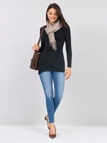 Miaspire 女式黑色天鹅绒褶皱开叉修身T恤，适合秋季女装 - 黑色 - 查看 7