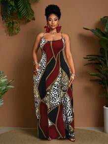 Maweii 春夏豹纹撞色针织弹力面料休闲优雅修身连衣裙，时尚设计，适合日常/海滩/约会穿着，红色加大码长款连衣裙 - 酒紅色 - 查看 5