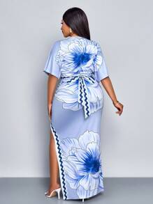 SOLERSUN Plus Size Women's Fashion Floral Positioning Print Metal Buckle Decoration Slit Hollow Lace Two Pieces Suit, Spring And Summer Suit Wear, Seaside Vacation Two Pieces Suit - Blue - View 2