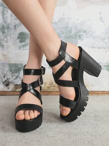 Sugerpunk 优雅时尚露背扣设计高跟厚底凉鞋，朋克风格圆头罗马凉鞋适合派对、日常穿着、晚礼服，增高显腿长，舒适百搭的女士高跟鞋 - 黑色 - 查看 6