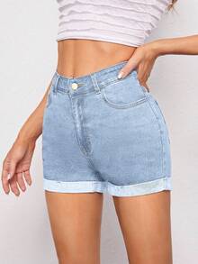 SHEIN ICON 女士浅色简约休闲牛仔短裤 - 淺色水洗藍 - 查看 5