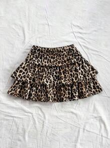 SHEIN 少女休闲豹纹叠层半身裙 - 棕色 - 查看 3