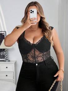 SHEIN CURVE+ 大尺碼花卉蕾絲秋冬冬季服飾 2026 22W - 黑色 - 查看 4