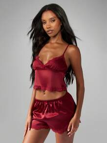 MISSGUIDED 奢华缎面蕾丝边吊带睡衣套装甜心领口短款睡衣家居服礼物情人节睡衣 - 紅色 - 查看 3