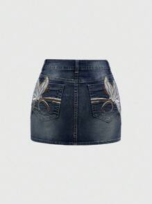 ROMWE Fairycore Y2K 风格蝴蝶刺绣性感低腰紧身迷你裙 - 深色水洗藍 - 查看 1