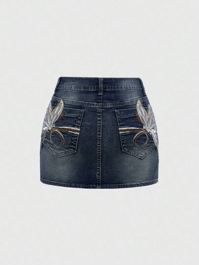 ROMWE Fairycore Y2K Style Butterfly Embroidery Sexy Low Waist Bodycon Mini Skirt