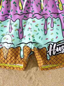 Short de playa con cordón en la cintura y estampado de helado y letras para bebé niño