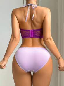 SHEIN 2pcs/Set Bra dan Celana Dalam Model Halter dengan Hiasan Kawat dan Motif Renda - MultiWarna - View 2