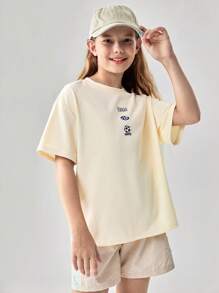 JNSQ 返校户外休闲运动宽松T恤，儿童圆领趣味字母印花户外休闲运动宽松T恤 - 卡其色 - 查看 1