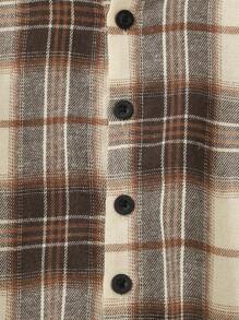 Playful Pals 1 件年轻男孩复古格纹长袖有领衬衫，数码印花休闲宽松纽扣夹克，百搭牛仔裤或休闲裤，秋季新品 - 卡其色 - 查看 6