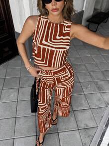 Pariaura Bộ 2 món/Bộ đồ lót nữ họa tiết sọc hoa thời trang và quần dài, phong cách nghỉ dưỡng bãi biển thường ngày, trang phục mùa hè cho sinh viên - Màu Cam cháy - Xem 3