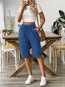 Breezaya 女士纯色抽绳休闲松紧腰短裤，适合假期穿着 - 藍色 - 查看 4