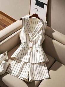 Franclia Women Striped Distressed Lapel Single-Breasted Vest And Shorts Casual 2 Pieces Set - White - View 1