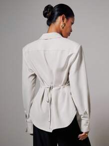 COSMINA 秋季女装 1 件女士优雅垫肩修身腰长袖衬衫，秋冬，商务休闲女装，女士办公室服装，女士教师服装 - 杏色 - 查看 2