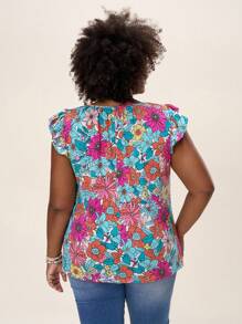 Comfylo Blusa de manga corta con estampado floral colorido de estilo bohemio para mujer de talla grande, ideal para primavera, festivales y estilo "Old Money" - Multicolor - Ver 2
