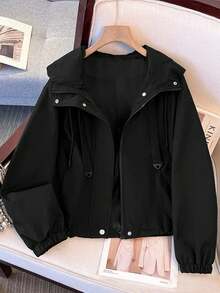 Regalyn Plus Size Women's Solid Color Casual Sport Hooded Short Jacket, Water-Resistant, New 2025 Autumn Collection, Suitable For Outdoor And Sports Winter Fall