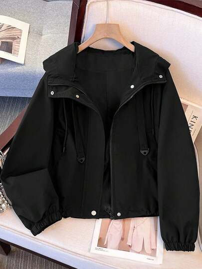 GlowEve CURVE Plus Size Women's Black Autumn Casual Hiking Hooded Short Jacket,Water-Resistant Solid Color Sport Outdoor Winter Fall 2025 New Collection