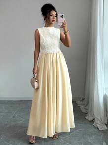 Selianne Vestido Elegante Feminino de Renda Contrastante sem Mangas, Adequado para Casamento, Aniversário, Outono - Damasco - Visão 6