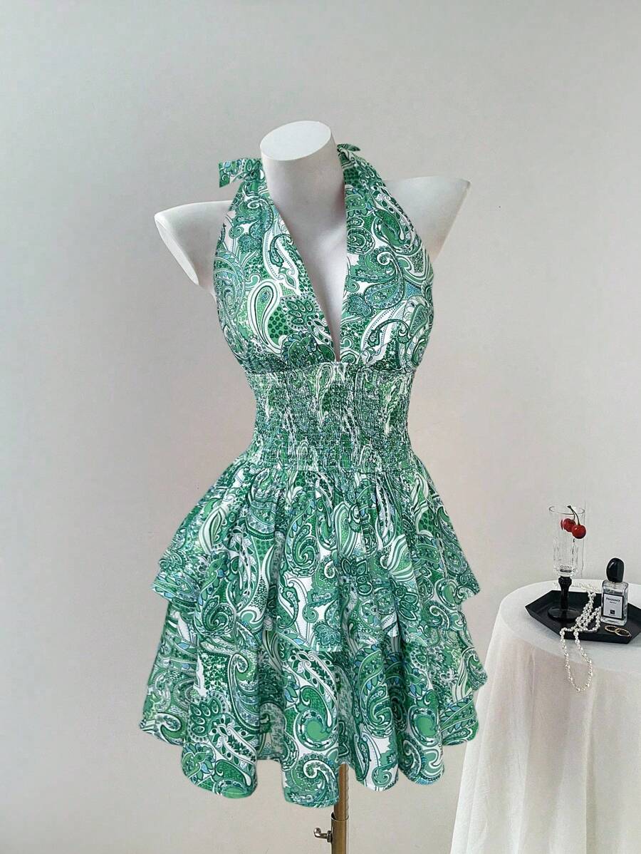 Elamini Sexy tiefausgeschnittenes trägerloses Kleid mit hoher Taille und Ditsy-Blumen-Muster für Frauen, für Frühling/Sommer - Verschiedenfarbig - Übersicht 1