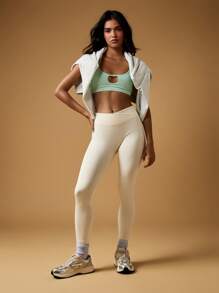 MISSGUIDED High Waisted Athletic Leggings Seamless Compression Workout Pants Running Activewear Tummy Control Yoga Pants With Crossed Waistband - Apricot - View 3