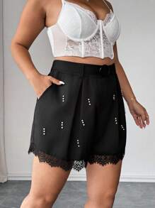 Elenzga Damen Große Größen Shorts mit Perlen Dekor und Spitzenbesatz - Schwarz - Übersicht 5