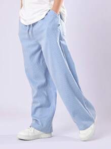 SUMWON Pantalones verticales de rayas anchas de verano, con cintura ajustable con cordón, de diseño casual y cómodo, perfectos para la playa, primavera y uso diario durante todo el año - Azul - Ver 4