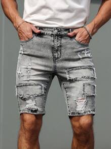 Manfinity LEGND Pantalones cortos informales de mezclilla desgastados para hombre, para verano
