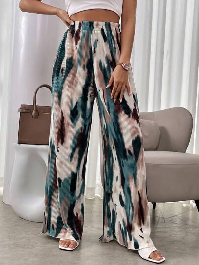 Breezaya Tie-De Fritidsbyxor med vida ben, Damer Vår/Höst Fritidskläder Naturliga breda ben Långa Flerfärgade Lösa Kvinnor Byxor, Vardagskläder