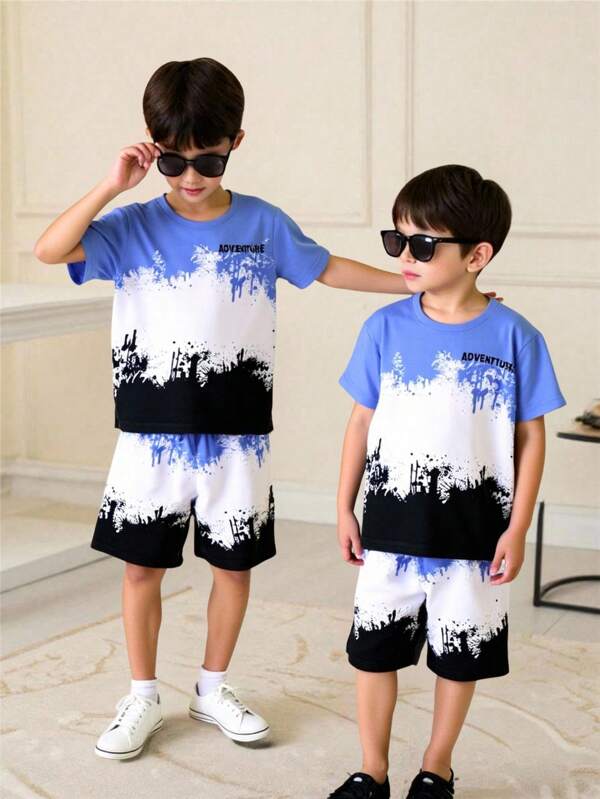 SHEIN 2pcs/Set Young Boys Casual Comfortable Versatile Splatter Paint Pattern Short Sleeve Top & Shorts Set, Suitable For Spring & Summer