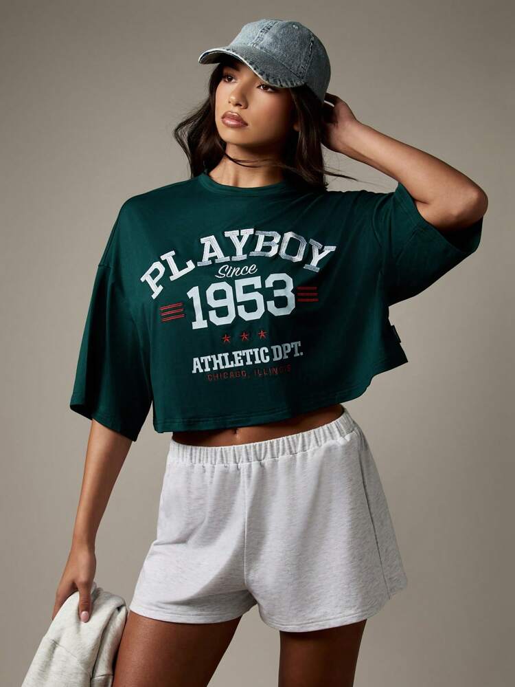 Missguided x Playboy Oversized Crop T-Shirt Varsity Logo Collegiate Style Short Sleeve Retro Streetwear Jersey Top Fall Winter Casual Everyday Wear