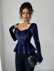 Elenzga Áo thun nhung xếp ly cổ vuông thanh lịch mùa thu - Màu xanh lam - Xem 3