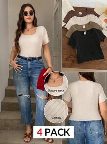 SHEIN LUNE 加大码方领短袖修身休闲 T 恤上衣，多色 4 件套，易于搭配女士教师乡村音乐会学校纯色、办公室警笛风格、日常穿着、通勤、极简主义、日常穿着、通勤极简主义办公室老款上衣 - 彩色 - 查看 9