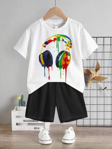 SHEIN Young Boy Casual Cartoon Headphone Print Short Sleeve T-Shirt And Shorts Set, Suitable For Summer