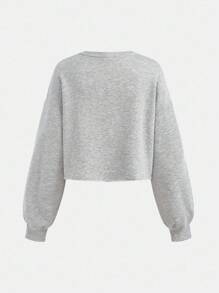 SHEIN Girlism 少女针织短款长袖运动衫，浅灰色学院风简约休闲风格圆领 - 灰色 - 查看 2