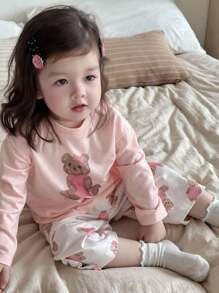 Dazy Kids Baby Girl Letter & Cartoon Bear Print Long Sleeve Top And Pants Pajamas,Toddler Fall Clothes - Baby Pink - View 9