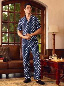 EverLounge Men Geometric Print Short Sleeve Home Wear Set - Multicolor - View 4