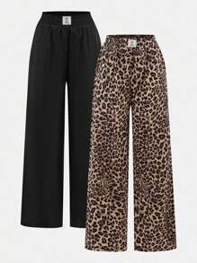 SHEIN 2 Pairs Tween Girls Bottoms Black And Leopard Print Wide Leg Pants, With Branded Label Decor - Black - View 1
