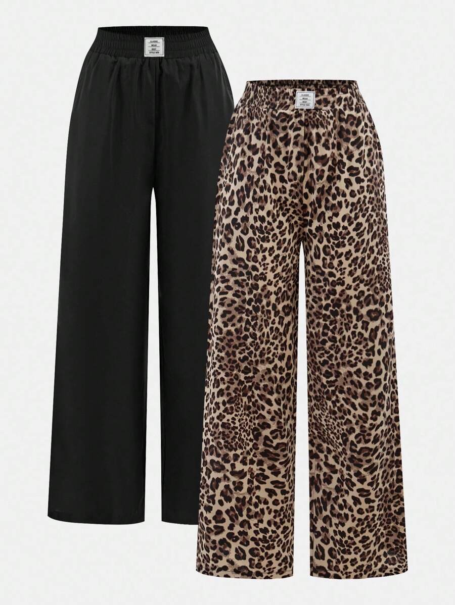 SHEIN 2 Pairs Tween Girls Bottoms Black And Leopard Print Wide Leg Pants, With Branded Label Decor - Black - View 1