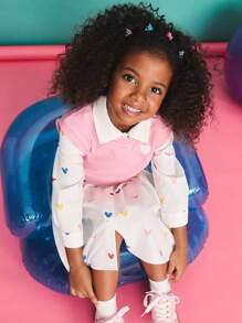 SHEIN Bộ 2 món đồ giản dị thoải mái đơn giản họa tiết trái tim cho bé gái - Hồng - Xem 2