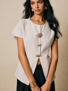 Poéselle Women's Round Neck Short Sleeve Linen Fabric Metal Button Decorated Blouse - Apricot - View 6