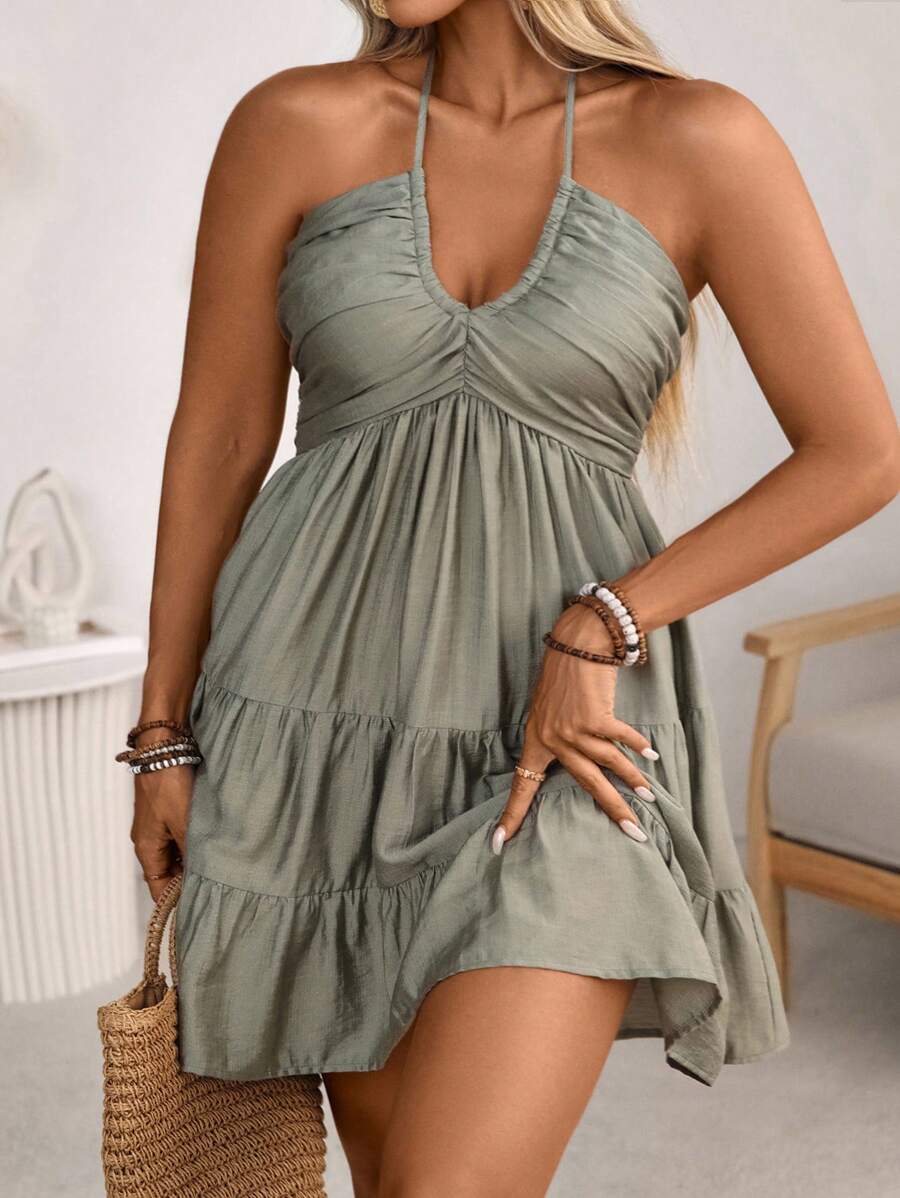 SHEIN Clasi Váy xếp tầng bằng vải viscose tre cỡ lớn cho nữ đi nghỉ ở bãi biển theo phong cách Bohemian phương Tây, có dây buộc nơ có thể điều chỉnh, mùa hè - xanh quân đội - Xem 1