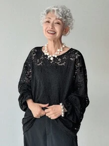 FRIFUL Women's V-Neck Loose Comfortable Solid Color Lace Blouse Long Sleeve Women Tops - Black - View 1