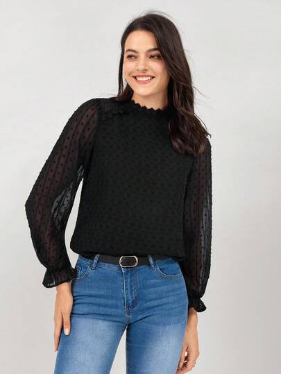  Miaspire 女士优雅衬衫，秋季女装，波点上衣，雪纺提花纹理面料黑色上衣，女士冬季服装，商务休闲女装，复古风女士，外出服装，女士教师服装，女士机场服装，万圣节服装