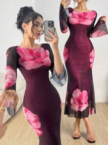 Modelyn 女式优雅印花修身长袖连衣裙 - 玫紅色 - 查看 2