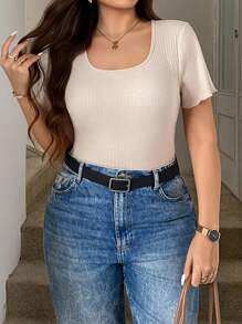 SHEIN LUNE 加大码方领短袖修身休闲 T 恤上衣，多色 4 件套，易于搭配女士教师乡村音乐会学校纯色、办公室警笛风格、日常穿着、通勤、极简主义、日常穿着、通勤极简主义办公室老款上衣 - 彩色 - 查看 6