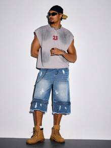 ROMWE MEN Street Life Men's Casual Washed Distressed Frayed Hem Denim Shorts - Blue - View 7