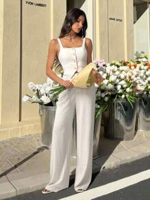SHEIN Tall Set de 2 piezas de mujer elegante para una cita: Top de tirantes con cuello cuadrado y botones y pantalones anchos de pierna ancha