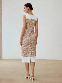 MOTF PREMIUM GUIPURE LACE ZIPPER BACK SPLIT HEM SLIM FIT DRESS WITHOUT BELT - Khaki - View 3