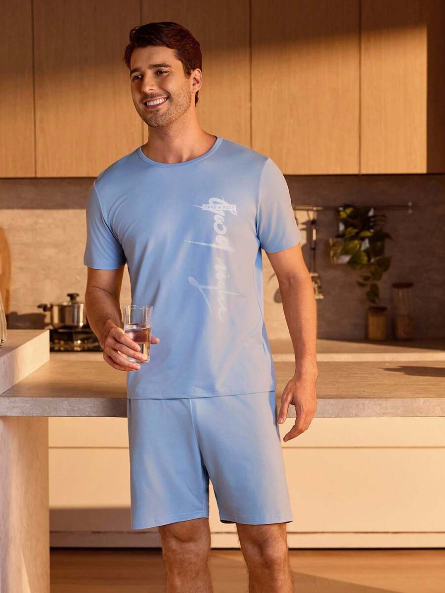 Manfinity Underwear&Sleepwear Basics Men Letter Graphic PJ Set / Pajama Set - Baby Blue - View 1